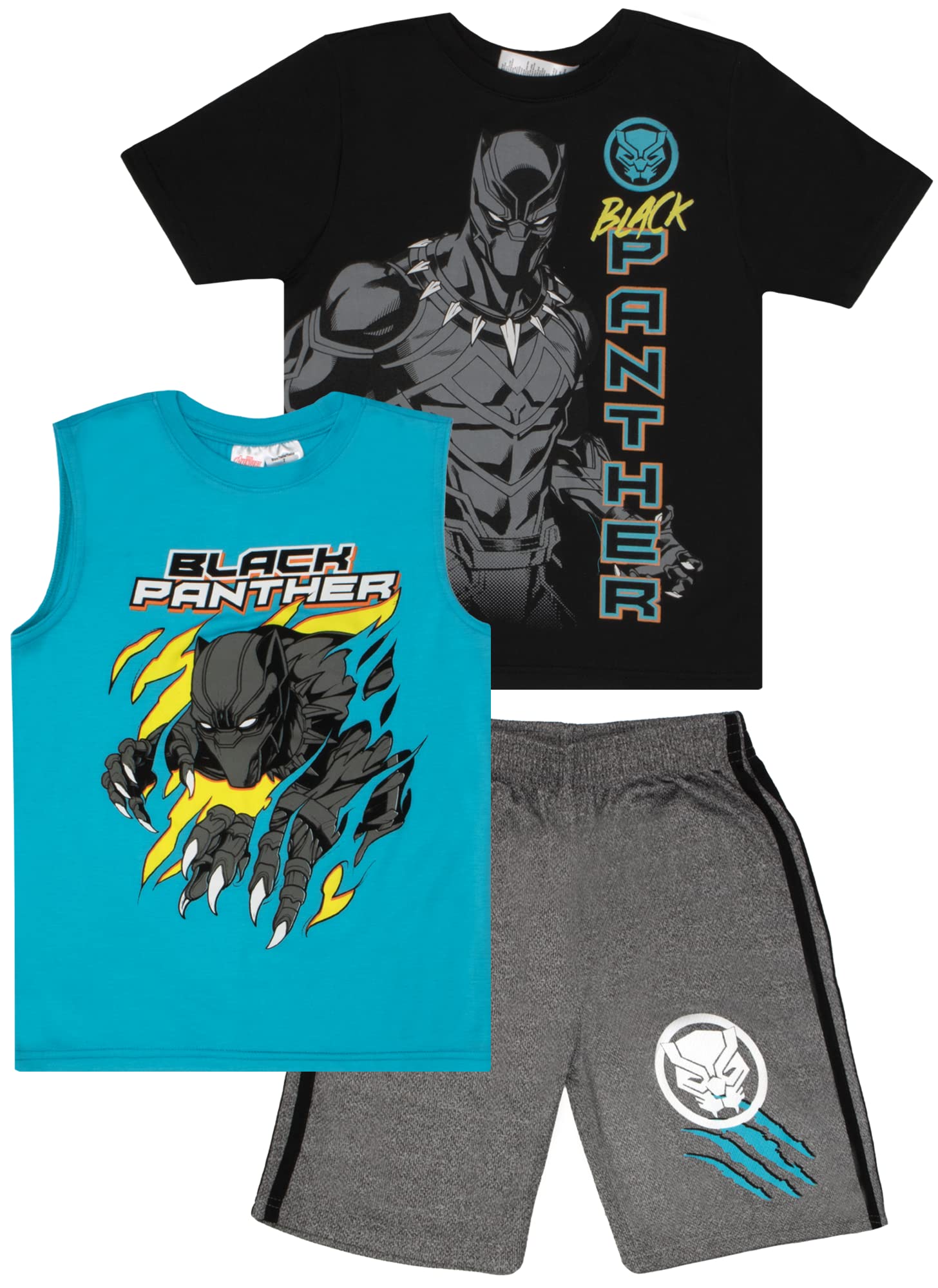 Marvel Avengers Spider-Man Black Panther Miles Morales Boys Superhero Short Sleeve T-Shirt, Tank Top and Mesh Shorts Set